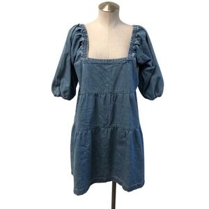 MNG Denim Tiered Dress Womens Size M Medium Blue Puff Sleeve Square Neck Mini